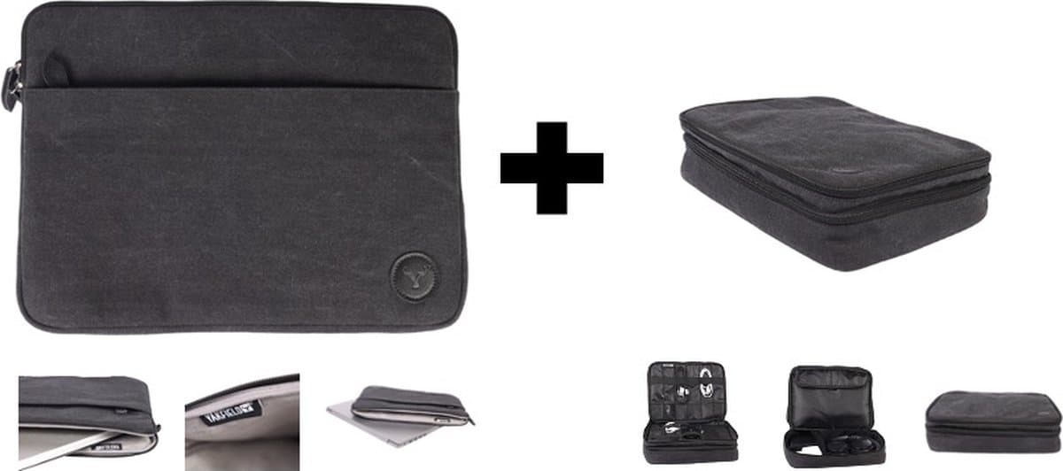 Yakfield - Combinatiedeal - Laptopsleeve - Kabelorganiser - Laptophoes - Laptop Sleeve - Vintage Black - Canvas - Zwart - Grijs - Kado man - Foam Protectie - Zachte Binnenvoering - tot en met 15 inch - 2 afsluitbare vakken - buiten