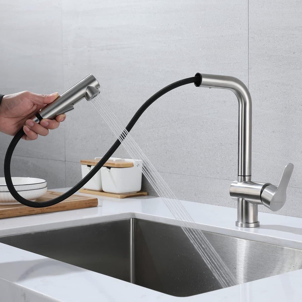 Keukenkraan, met beweegbare spoelbakarmatuur, douche, 2-sproeimodi, 360° draaibaar met uittrekbare sproeikop, roestvrij staal , geborsteld nikkel