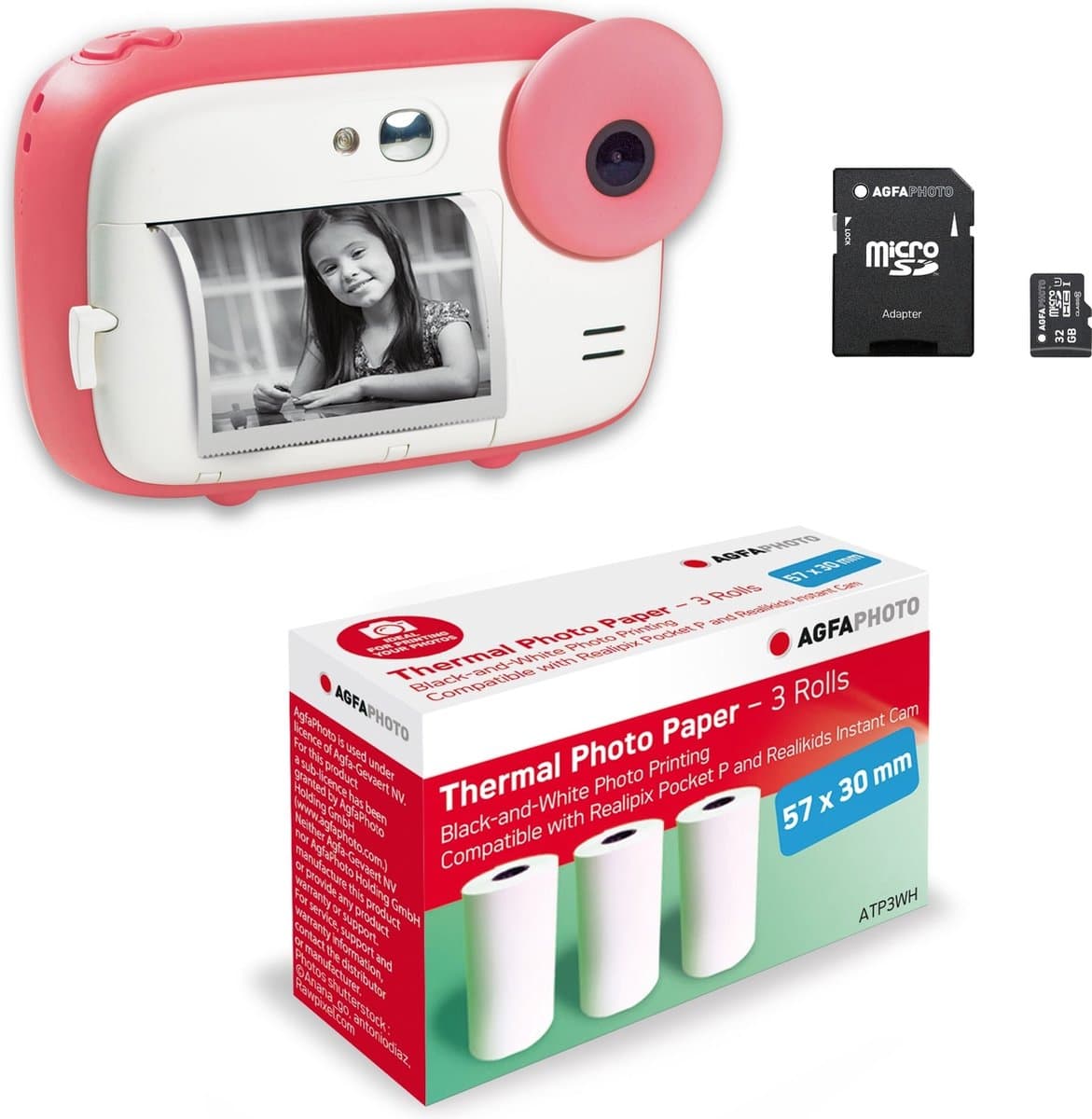 AGFA PHOTO Pack Realikids Instant Cam + 1 carte Micro SD 32GB + 3 rouleaux Papier Thermique ATP3WH - Appareil Photo Instantané Enfant, Ecran LCD 2,4', Miroir Selfie et filtre photo - Rose
