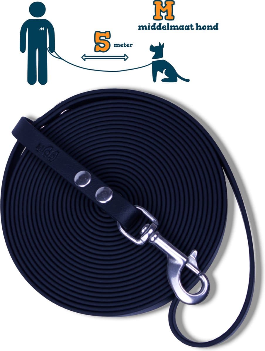 Miqdi lange lijn - BioThane® – zwart - 5 meter lang – 13mm breed – M – middelmaat hond – lange hondenriem