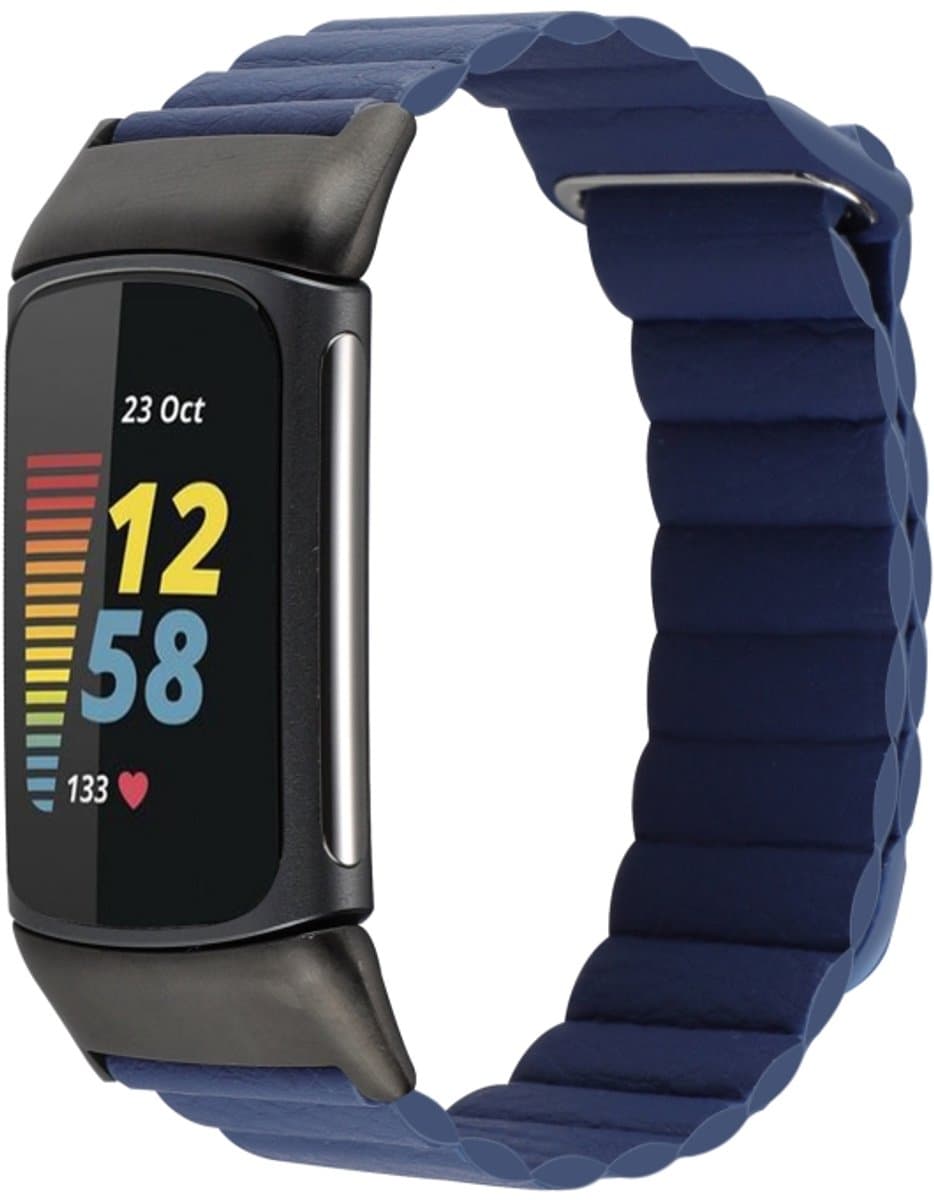 Voor Fitbit Charge 5 magnetische lus lederen horlogeband (middernachtblauw)
