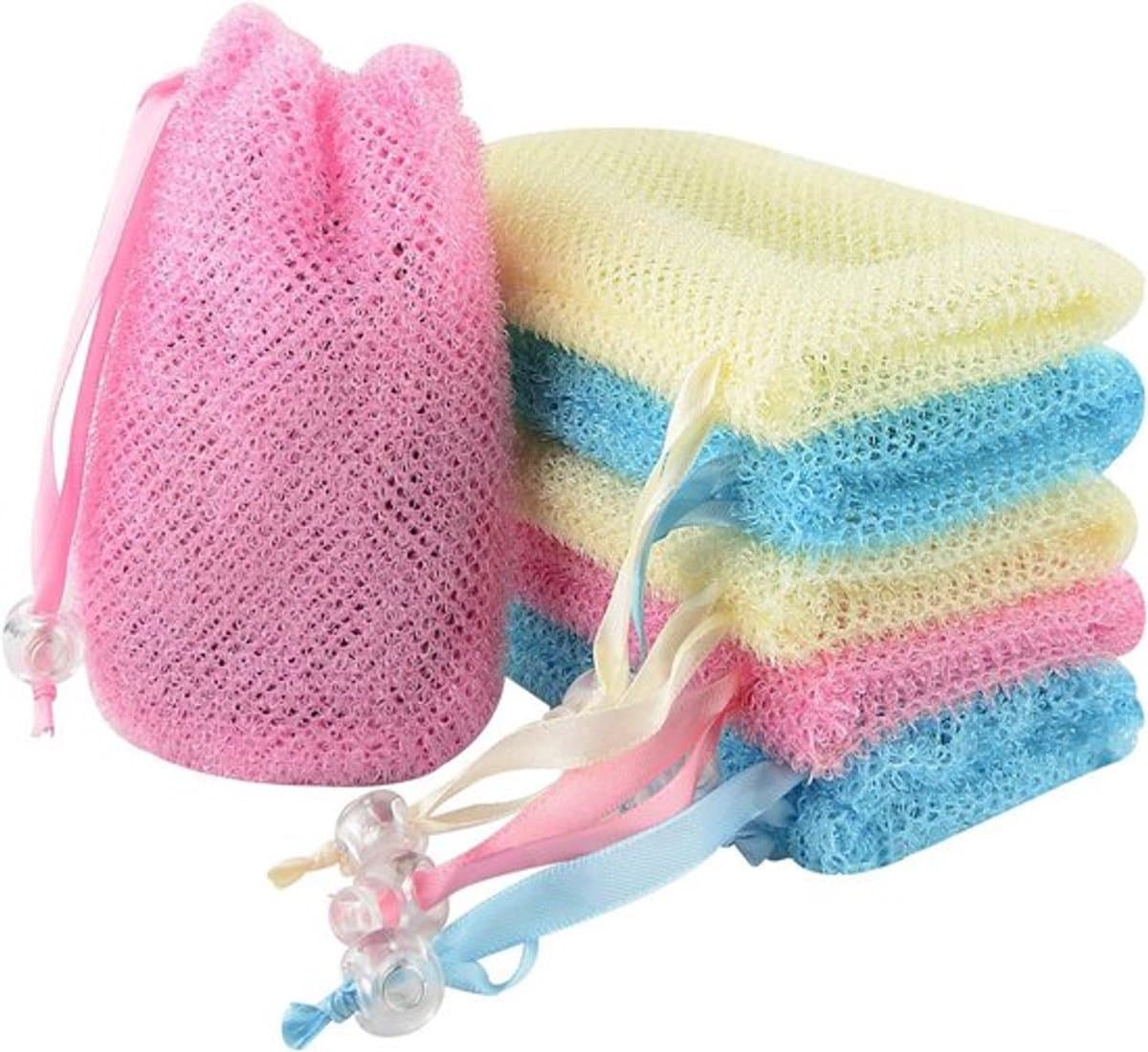 Exfoliërende Mesh-Zeepzak - Nylon - Trekkoord - Body Scrubber - Baddouche - Groothandel - Zeepbesparingszakje - 6-pack - Bulkverpakking