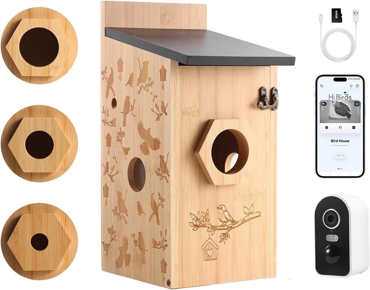 Vogelhuis met Camera - Nestkastje Vogelwoning - Vogels Observeren - 4MP Kleuren Nachtzicht - N.v.t. - Bamboe