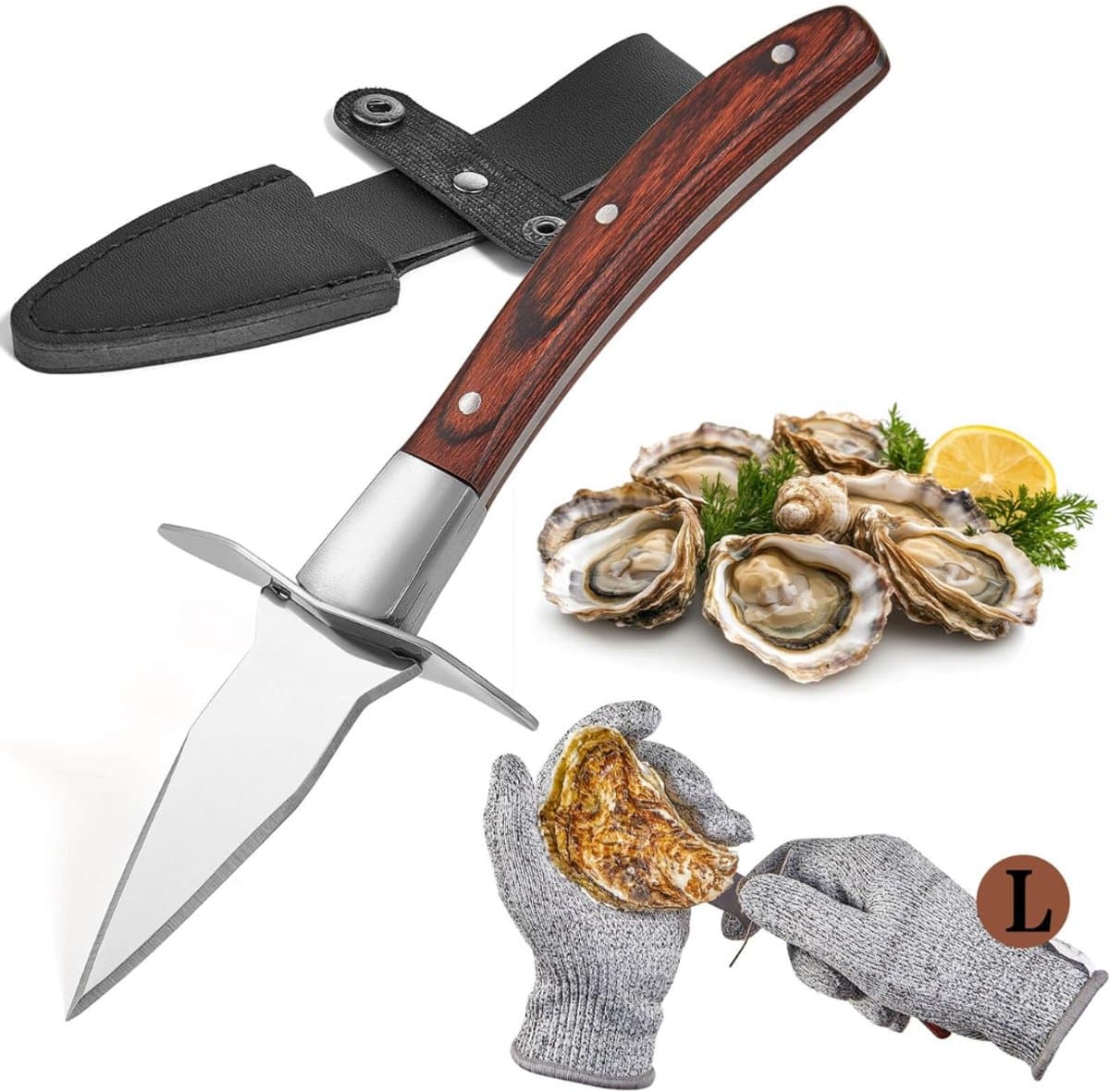 QORA® Oestermes - Oesterset - Oestermes en Handschoen - Hout - Rood/Excursie - 20cm x 3cm x 1cm