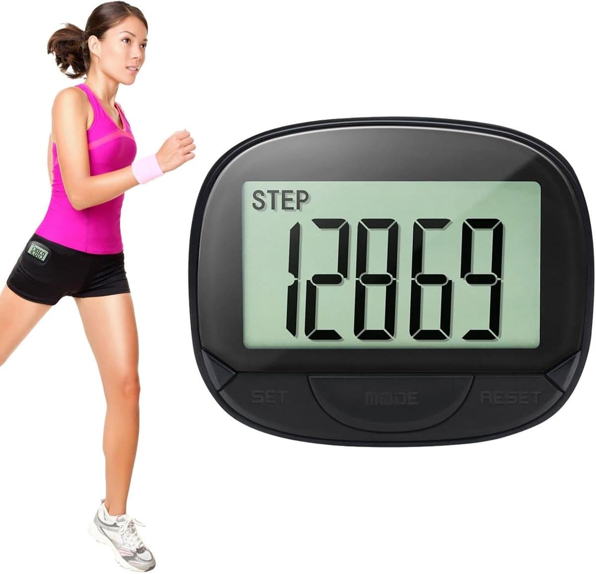 Stappenteller Clip - Fitness Tracker - Activiteit Meten - Groot 55mm Display - 65 x 52 x 23 mm - Zwart