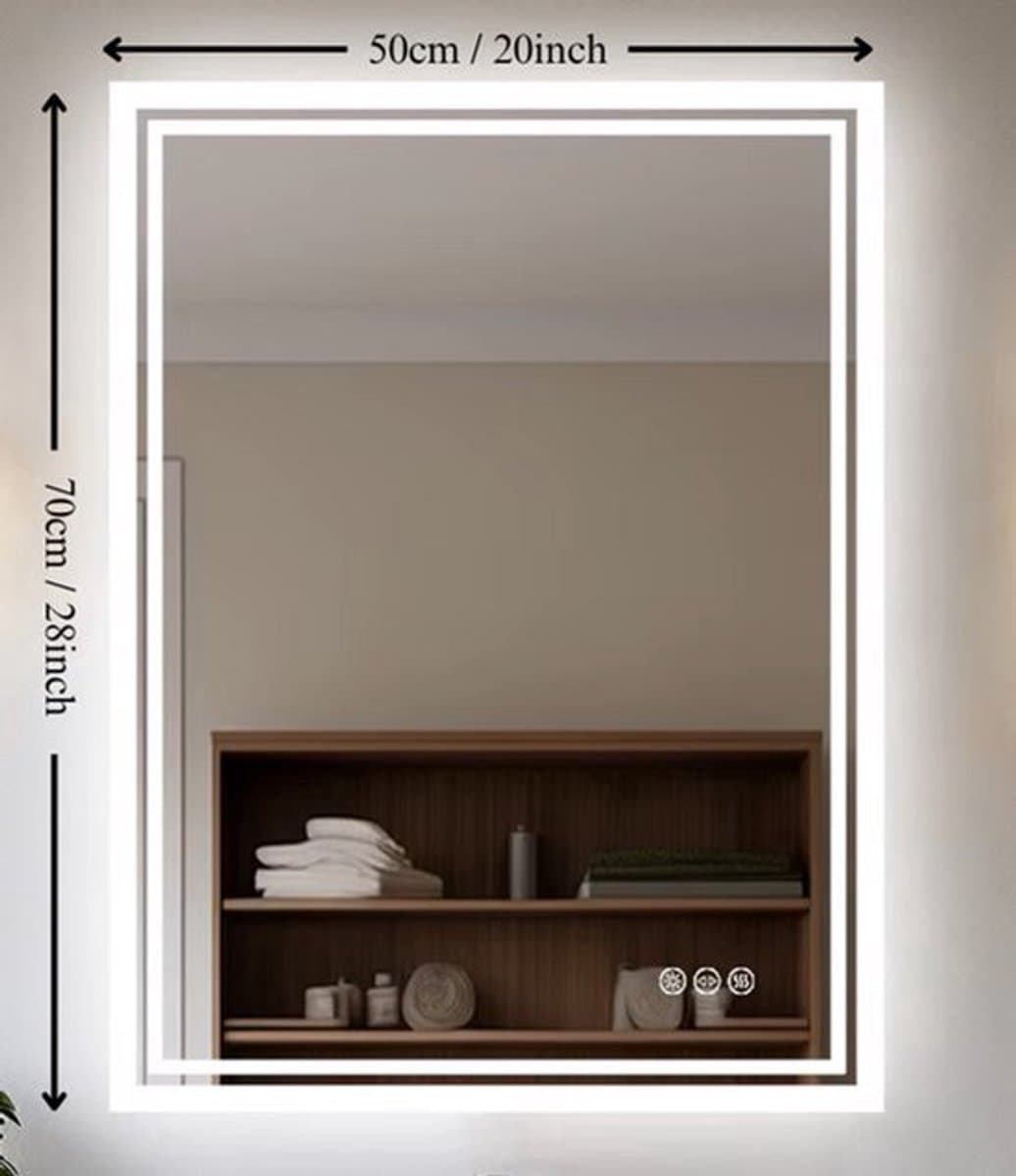 Badkamerspiegel - Badkamerspiegel met Verlichting - LED - Antifog Functie - 3 Kleurinstellingen - IP65 Waterdicht - Horizontaal/Verticaal - 50x70cm - Zilver