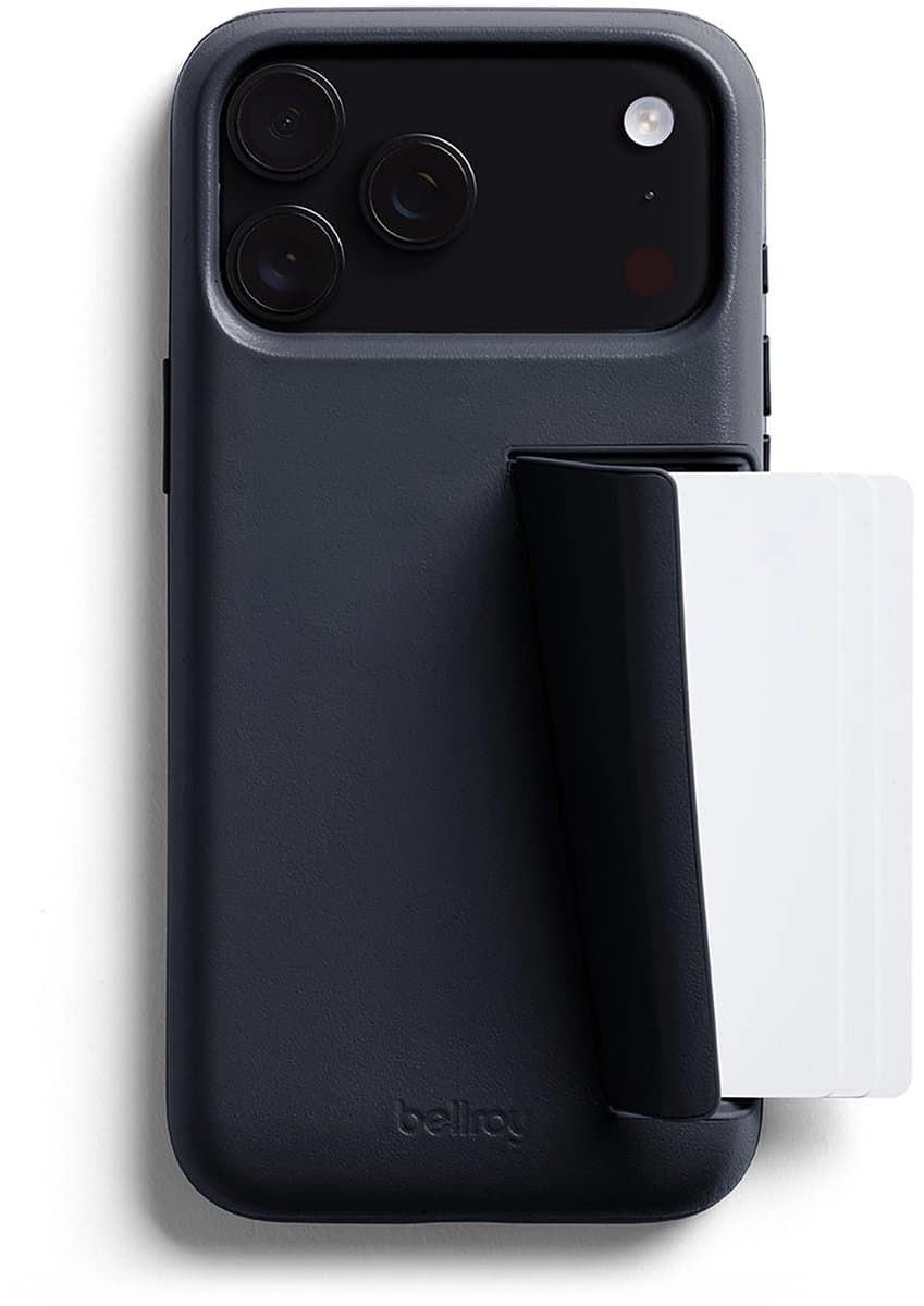 Bellroy 3 Card Portemonnee Hoesje iPhone 17 Pro Max – Opslag voor 3 Kaarten – Telefoonstandaard Functie – Gemaakt van Premium Leer en Schokabsorberend Polymeer - Blauw
