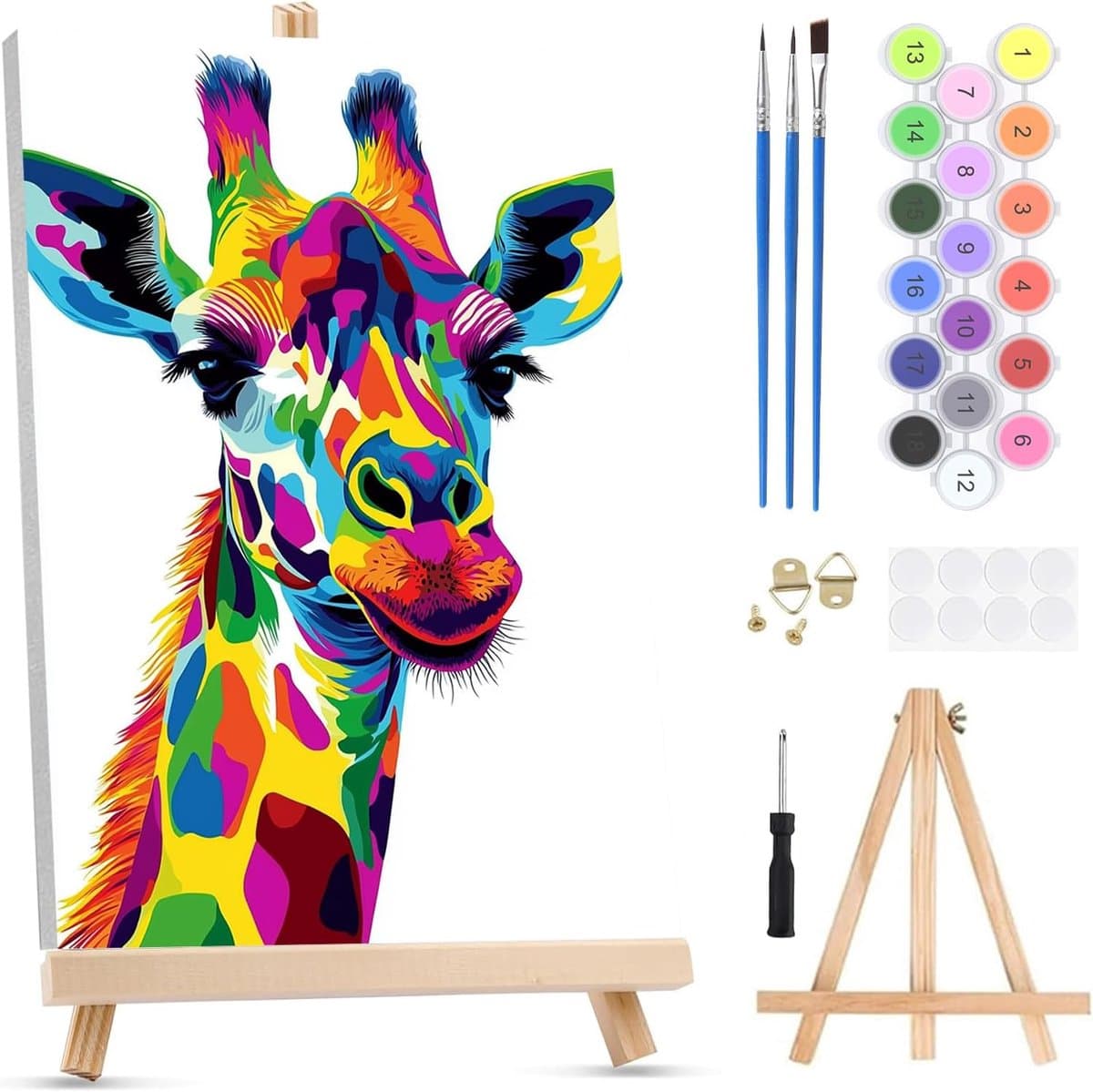 QENSPE Verf op nummer voor volwassenen op ingelijst canvas - met houten ezel, kleurrijke giraffe schilderen op nummer - ShopVlot
