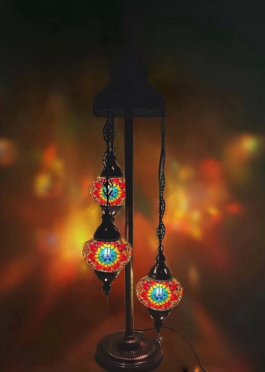 Turkse vloerlamp - multicolour mozaïek 3 bollen - hoogte 100 cm - E-14 fitting - handgemaakt en uniek