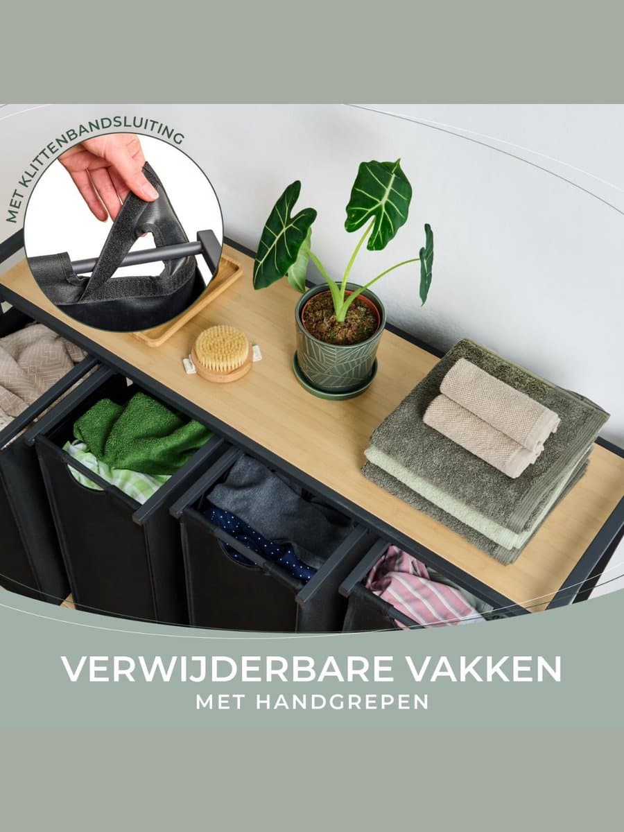 MMM® Wasmand 4 Vakken - Wasbox - Wassorteerder - met Plank in Bamboe-Look - met Metalen Frame in Zwart - Zwart