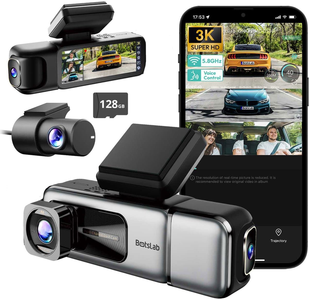 Botslab G980H 3CH 4K Wifi GPS 128gb dashcam - 3-kanaals dashcam - 4K resolutie - Parkeermodus - App en GPS verbinding - Inclusief 128gb Micro SD kaart