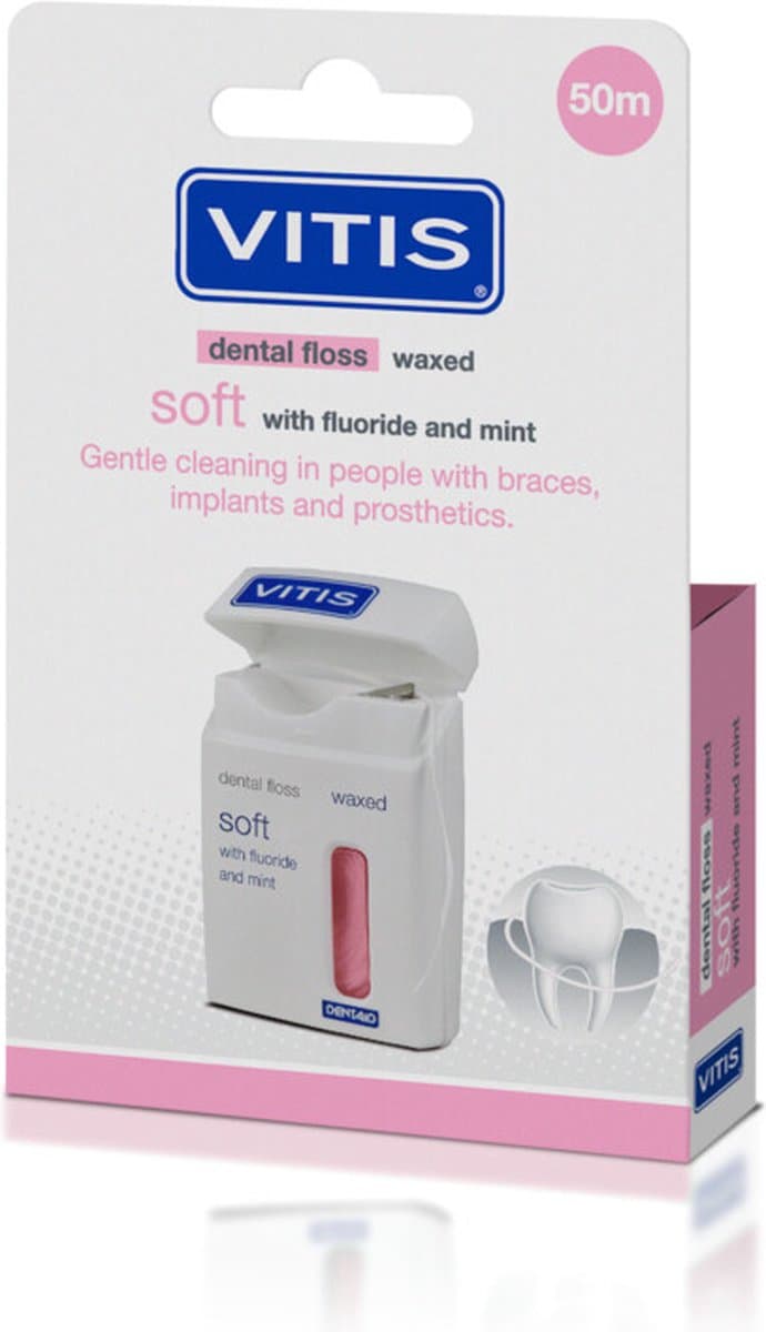 4x Vitis Soft Waxed Dental Floss Roze 50 mtr.