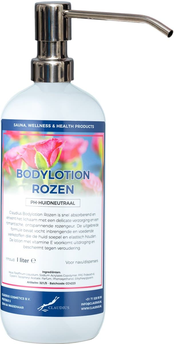 Bodylotion Rozen 1 Liter met luxe RVS zilverkleurige pomp - stijlvolle en duurzame uitstraling