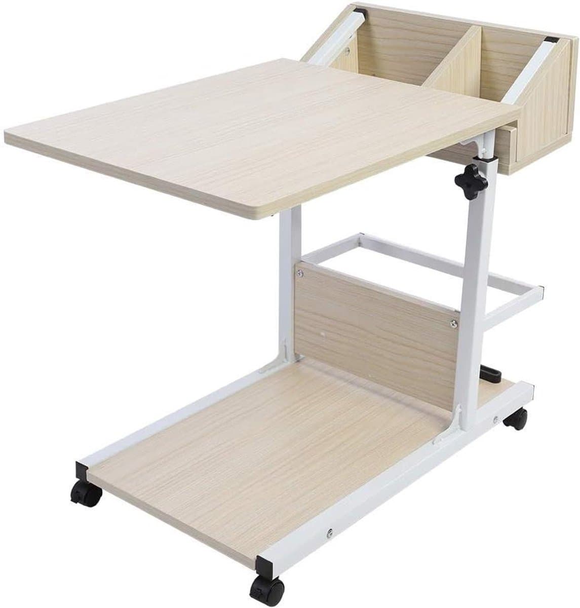 Allecto Plus - Draagbaar laptopbureau met wieltjes en opberglade - In hoogte verstelbaar - Voor bedbank - Solide structuur - Wit