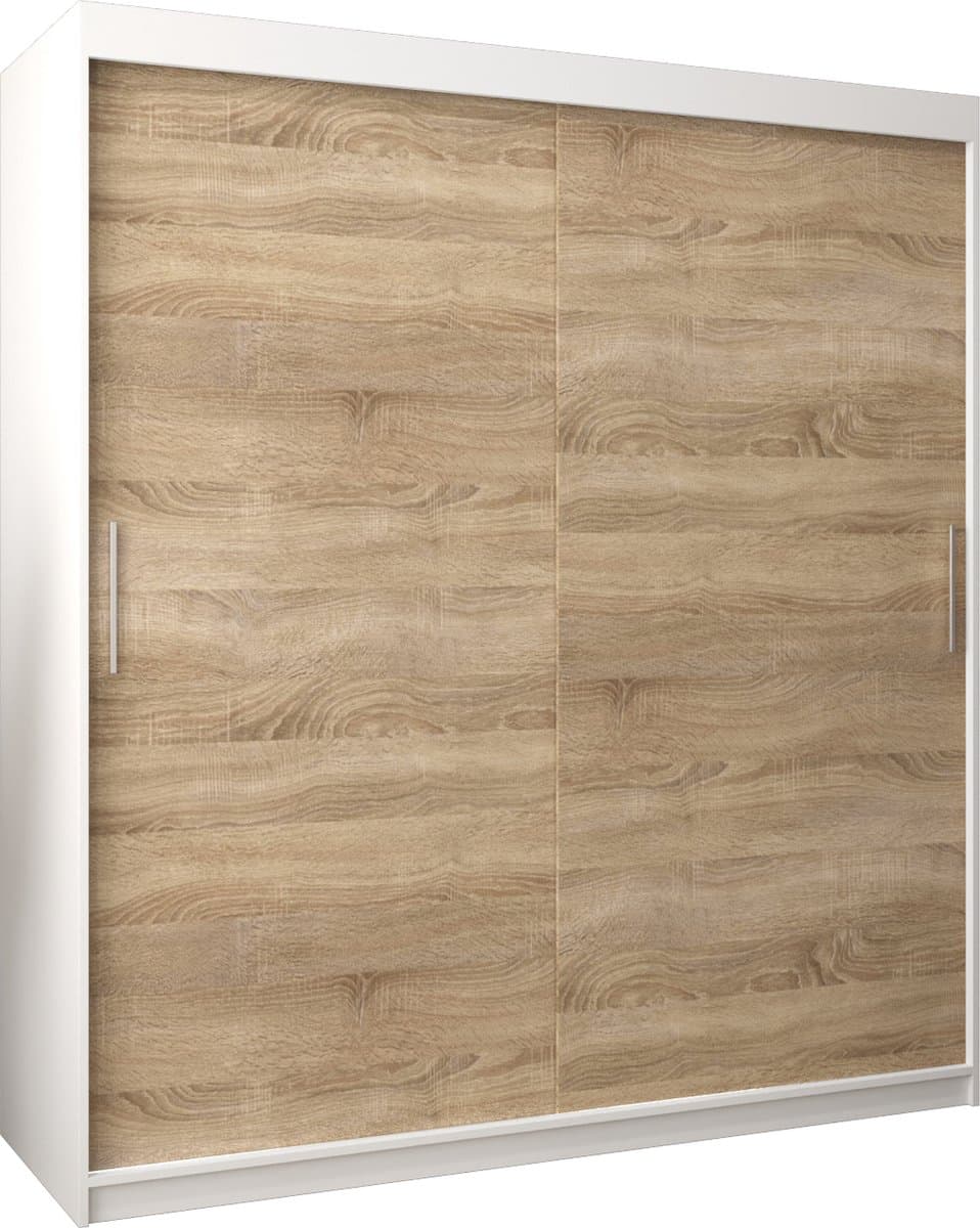InspireMe - Kledingkast met 2 schuifdeuren, Modern-stijl, Kledingkast met planken (BxHxD): 180x200x62 - TORM 180 Wit Mat + Sonoma Eik met 4 lades