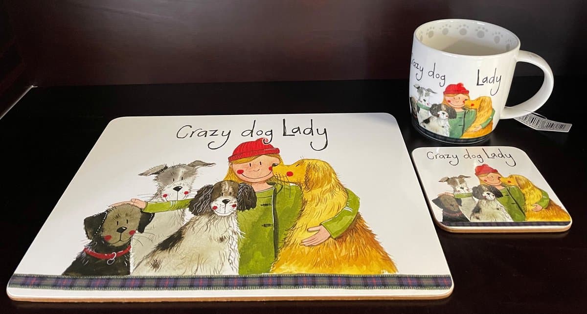 Alex Clark Mok, Placemat(MEDIUM FORMAAT)en Coaster Set Crazy Dog Lady ~ Honden