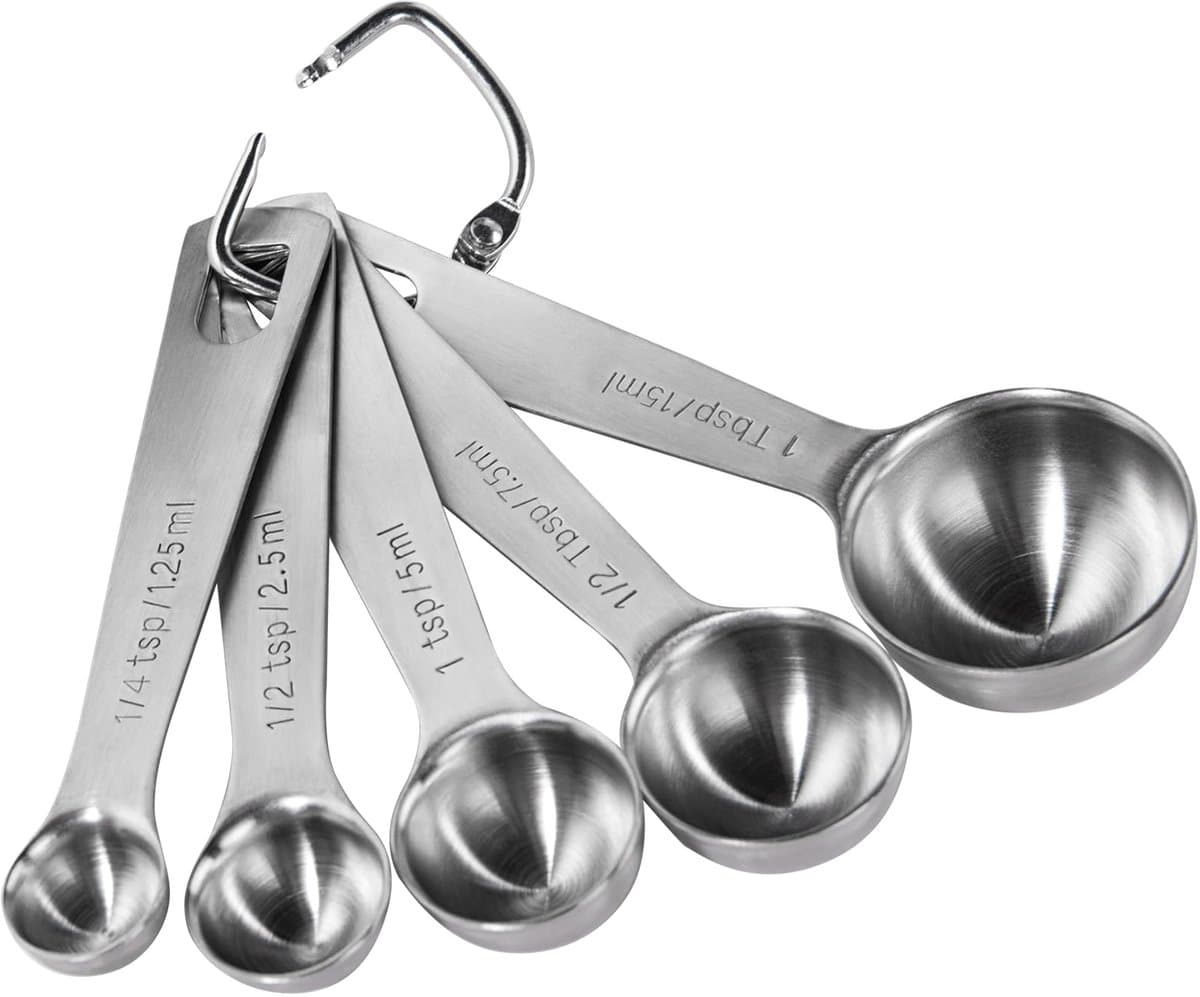 5 set - Lepel - Tafellepels - Kruidenlepel - Koffielepel - Roestvrij staal - Rond - Maatlepel - Geschikt voor bakken, koken en koffie - Inclusief opbergring - Zilverkleurig