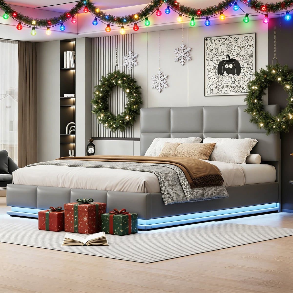 MODFU Gepolsterd bed 180x200 cm – LED-verlichting – Hydraulische opbergruimte – Verstelbaar hoofdeinde – Cementgrijs