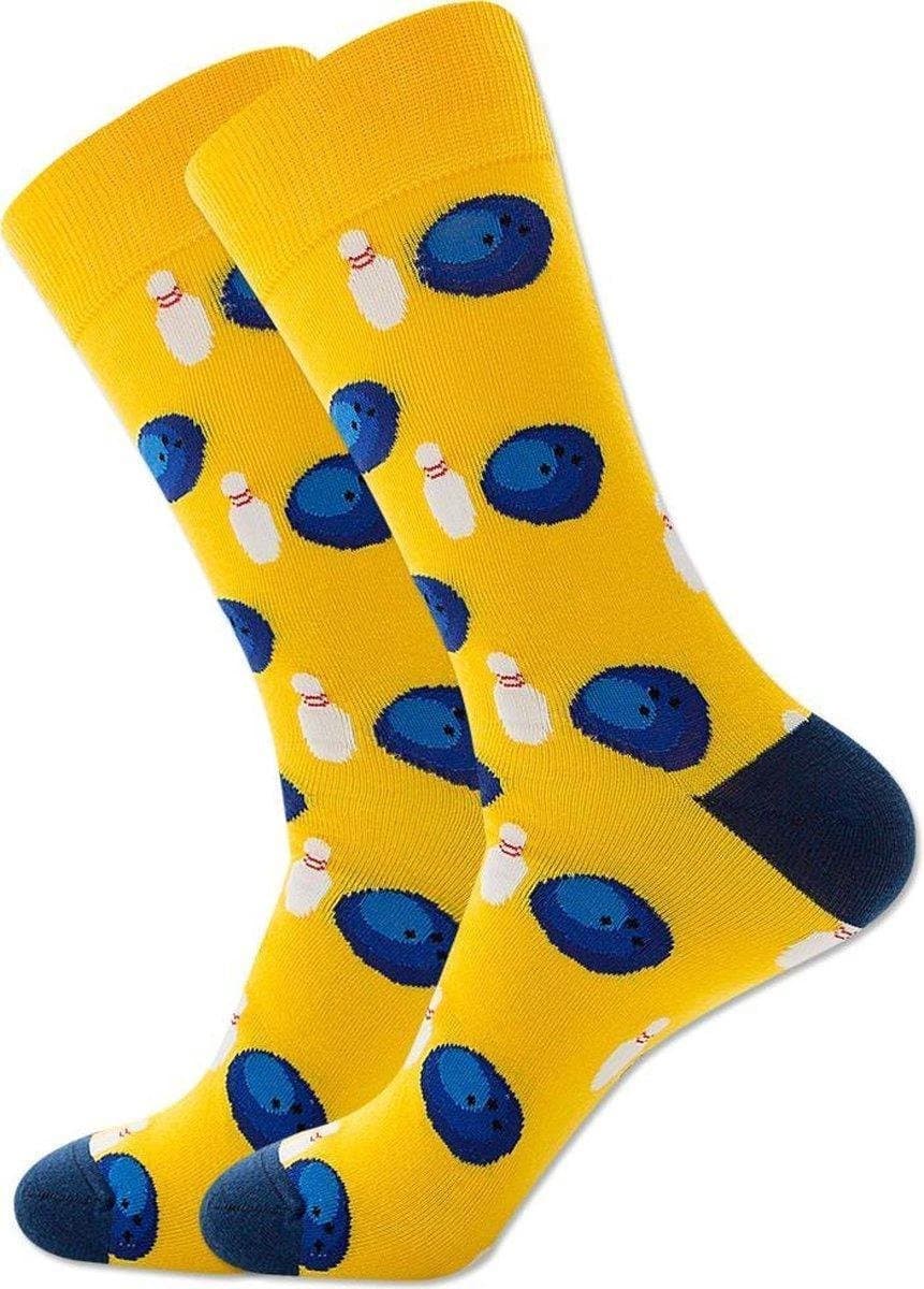 Winkrs - Bowlers sokken - Geel paar sokken met Bowling Pins en Bowlingballen - Dames/Kinderen maat 34-37 - Sport, Bowlen