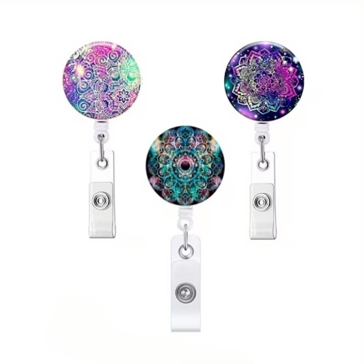 Mj Joys® - Badgehouder met trekkoord - 3-delige Set - Mandalaontwerp - Uitschuifbare Badgehouder met Clip - Badgehouder met afrolmechanisme - Badgehouder met trekkoord - Badge Houder - Badge - Badge houder verpleegkundige - Mandala Multicolour