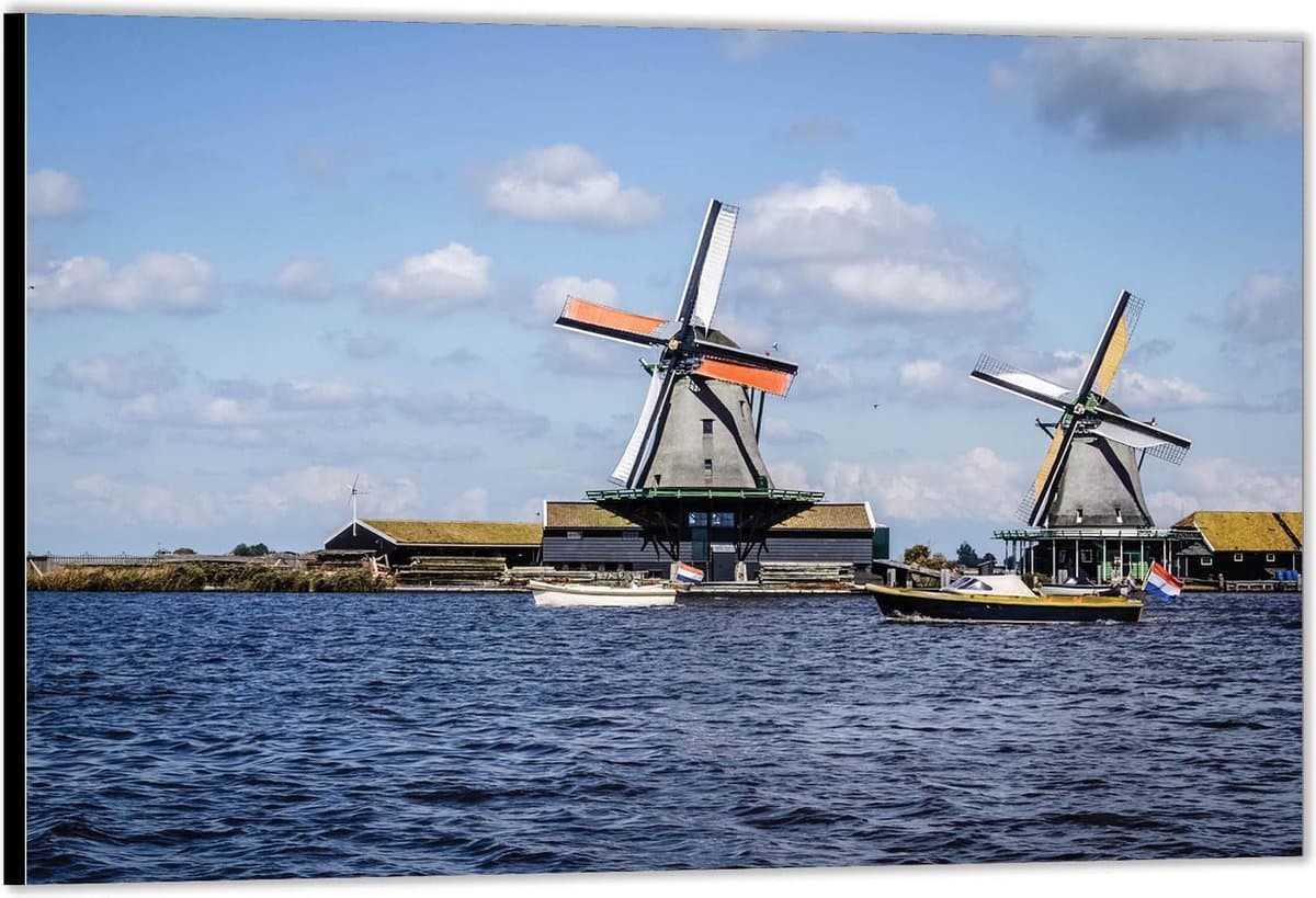 Dibond –Molens aan Rivier met Bootjes-40x30 Foto op Aluminium (Met ophangsysteem)