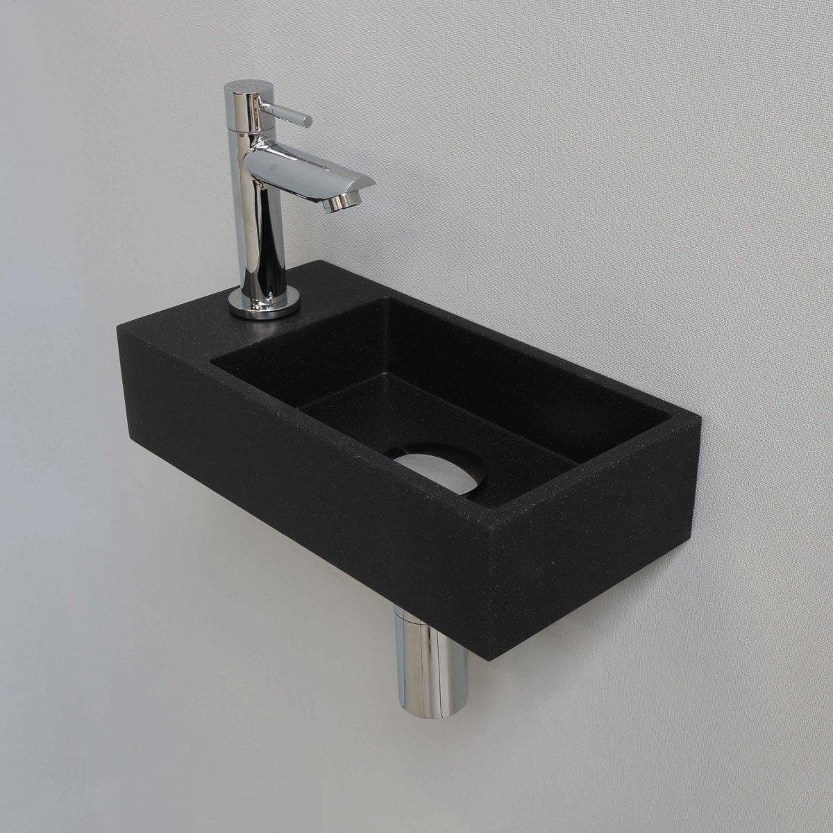 Fonteinset INK Versus Rechthoek Links 36x18x9cm Quartz Zwart Toiletkraan Sifon Plug Glans Chroom