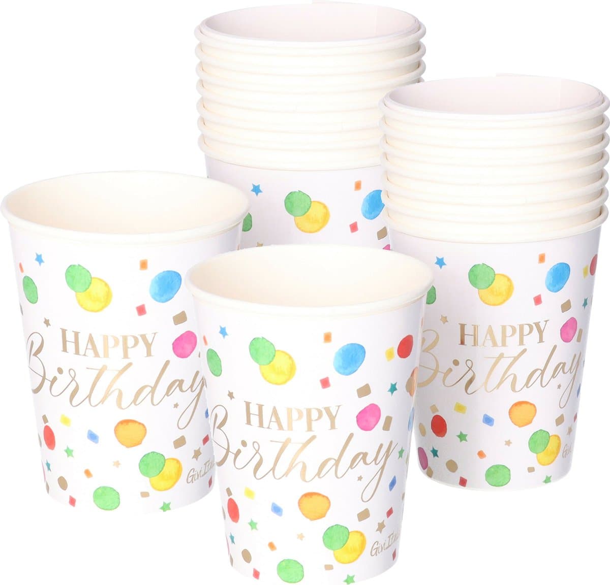 Givi Italia Feestbekers met hoesjes - 24x - happy-birthday - gespikkeld - papier - 250ml - wegwerpbekers - verjaardag