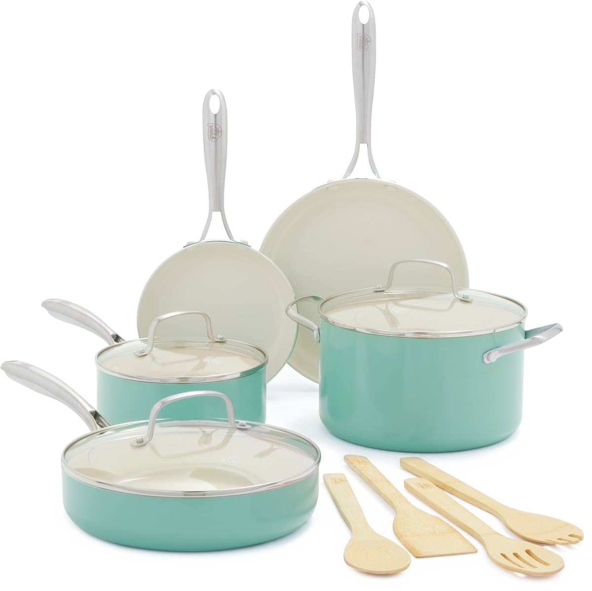 GreenLife Artisan Pannenset 12-delig - 18/22/24cm - 1.90/4.76/2.42L - PFAS-vrije antikleeflaag - Pannenset inductie - Keramische pan - Ovenbestendig tot 220°C - Met accessoires - Met glazen deksel - Turkoois