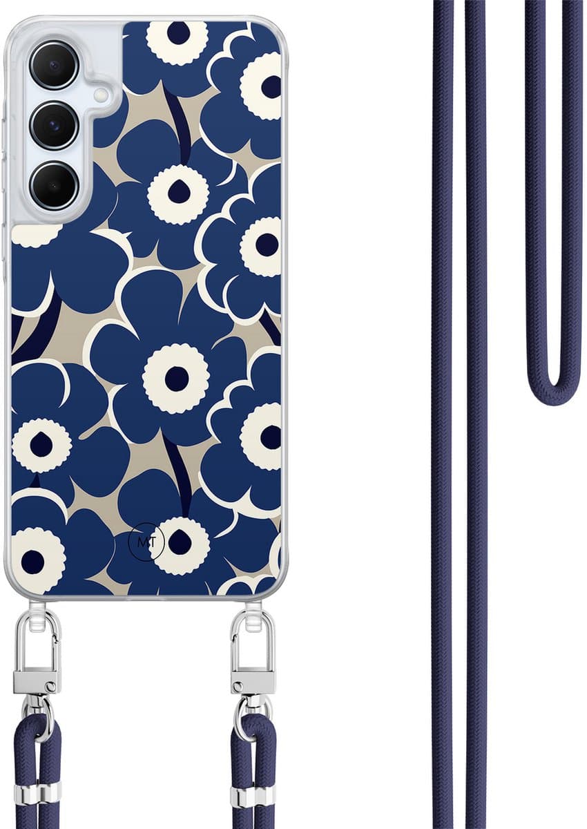 Hoesje met koord geschikt voor Samsung Galaxy A55 - Abstract bloom - Inclusief Donkerblauw koord - Crossbody beschermhoes - Transparant, Blauw - Mooie Telefoonhoesjes