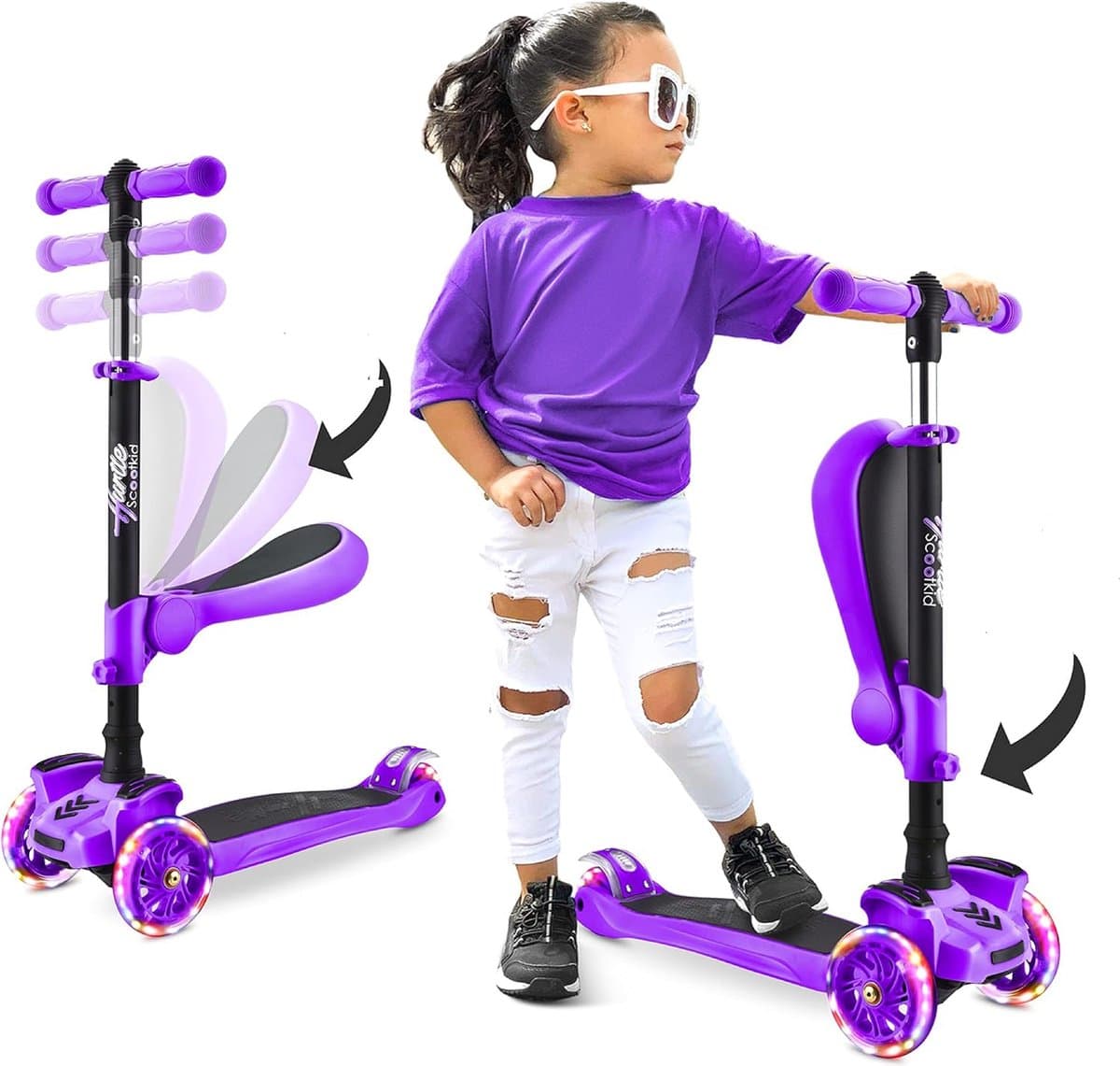 Hurtle Kinderstep - 3 Lichtgevende LED Wielen - Opvouwbare Scooter met Verstelbare Hoogte, Antislip Platform - Paars