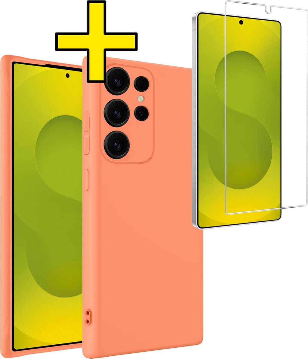 Hoesje - Met Screenprotector - Geschikt voor Samsung Galaxy S25 Ultra - Sterk & Shockproof - Back Cover - Siliconen Case - Telefoon Hoes - Telefoonhoesjes - Perzik