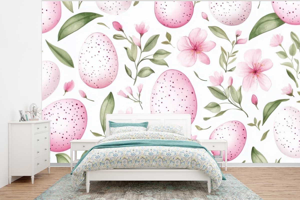 Behang - Fotobehang Patroon - Eieren - Roze - Pasen - Breedte 350 cm x hoogte 260 cm