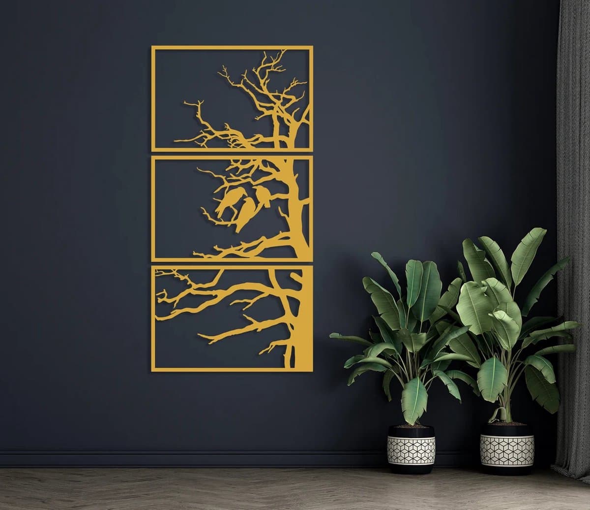 Metalen Wanddecoratie Boom Panelen – 3D Wandkunst – Goud – 100 x 50 cm