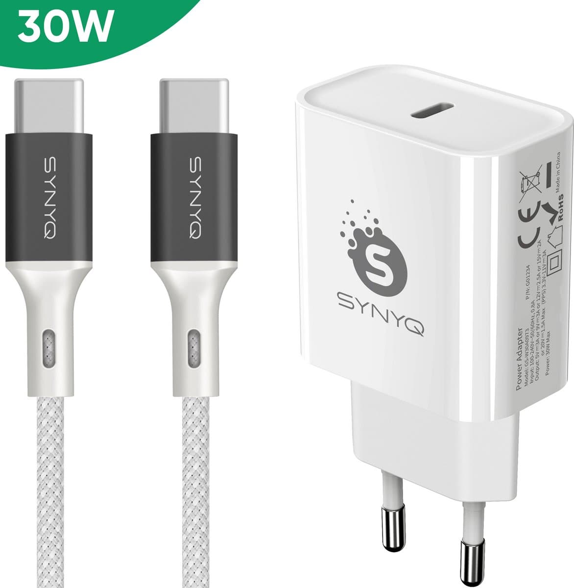 Synyq 30W GaN2 Snellader - USB C kabel 3 meter - Gecertificeerd - USB C Adapter - Snellader usb c - Usb c lader - Usb c oplader - Universeel - Wit