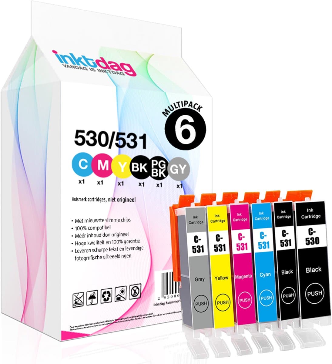 Inktdag Canon 530 531, Compatibel met Canon PGI-530 CLI-531 inktcartridges, voor Canon Pixma TS8750 TS8751, PGI530 CLI531 (6-pack).