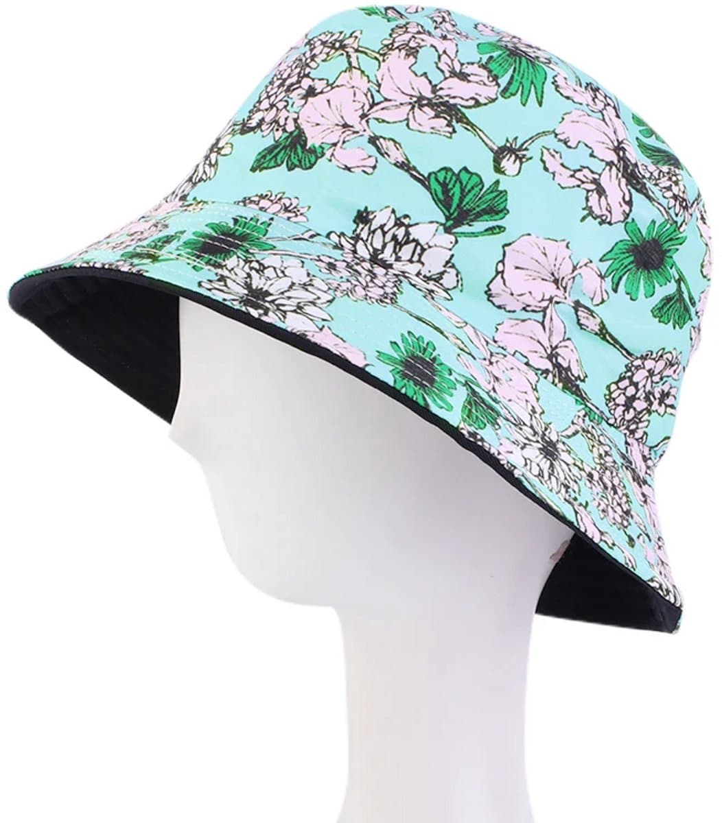 Bucket Hat - Omkeerbaar Vissershoedje - Dubbellaags - Flora Groen - Reversible naar Zwart - Maat 58 cm - Heren - Dames - Festival Accessoire - Festivalhoedje - Regenhoedje - Zonnehoedje - Emmerhoed - Hoed - Unisex