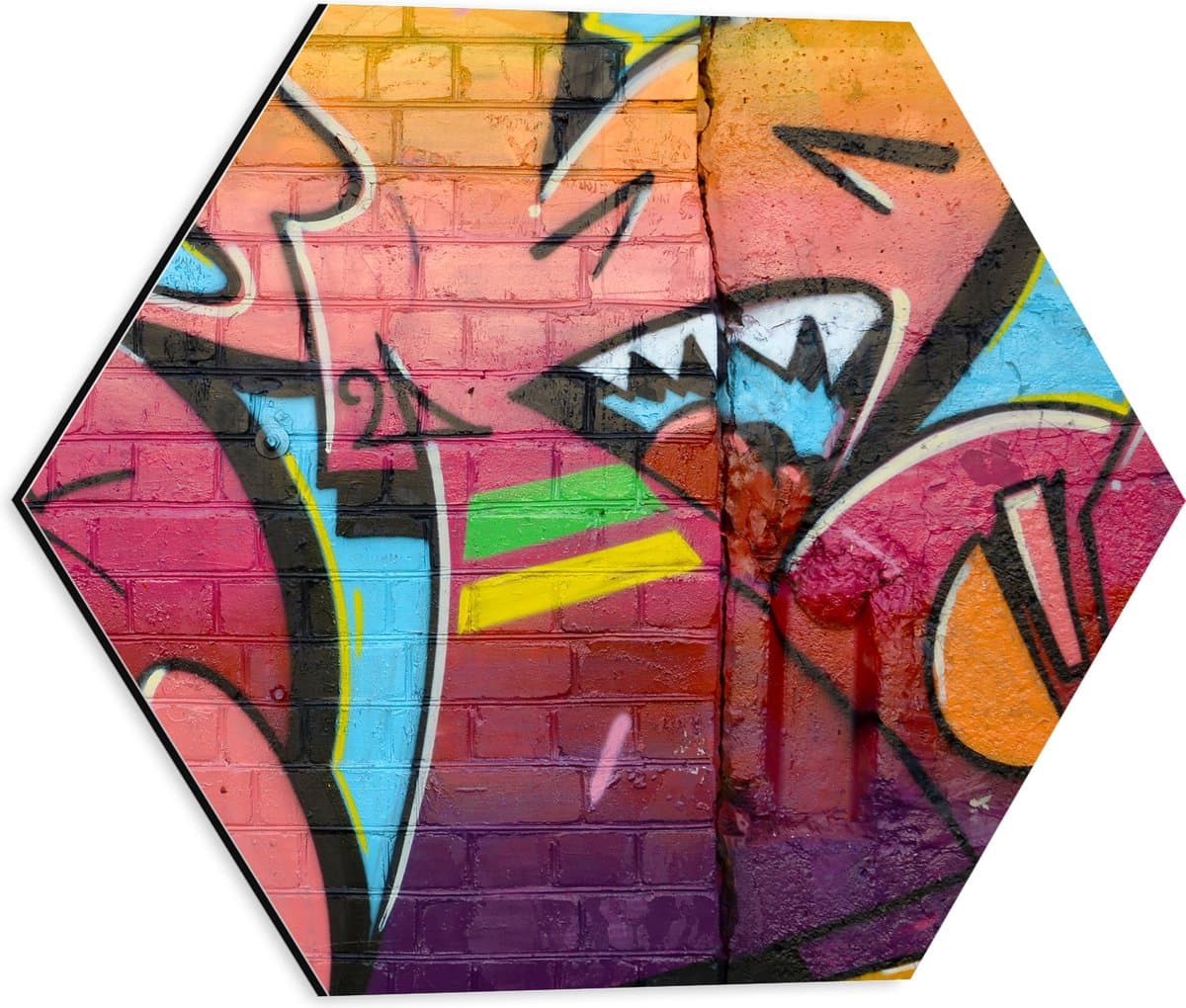 Dibond Hexagon - Muurschildering met Grafitti in Meerdere Kleuren - 40x34.8 cm Foto op Hexagon (Met Ophangsysteem)