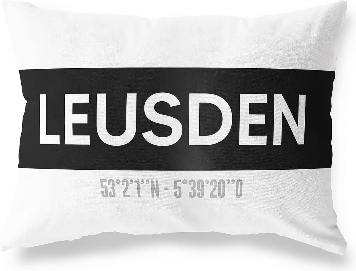 Tuinkussen LEUSDEN - UTRECHT met coördinaten - Buitenkussen - Bootkussen - Weerbestendig - Jouw Plaats - Studio216 - Modern - Zwart-Wit - 50x30cm