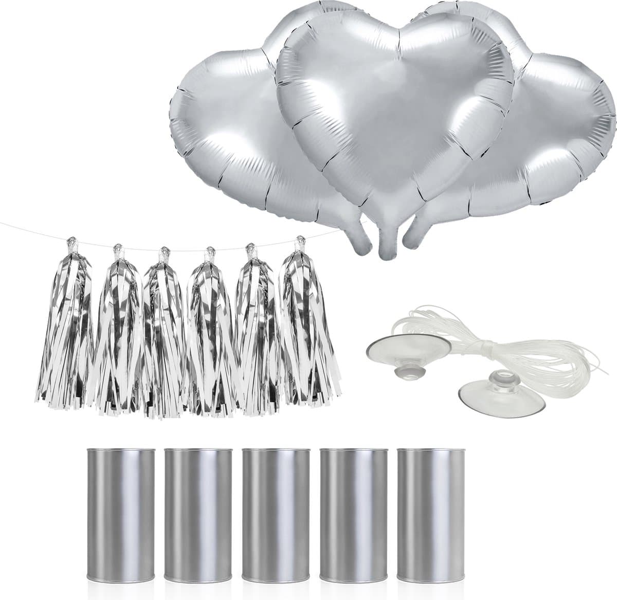 PartyDeco trouwauto decoratie pakket - Bruiloft - zilver - just married/pas getrouwd