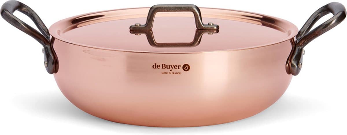 De Buyer Prima Matera Sauteer Pan met Deksel - Gietijzeren Handvaten - Ø 28cm - 90% Koper - 10% Rvs