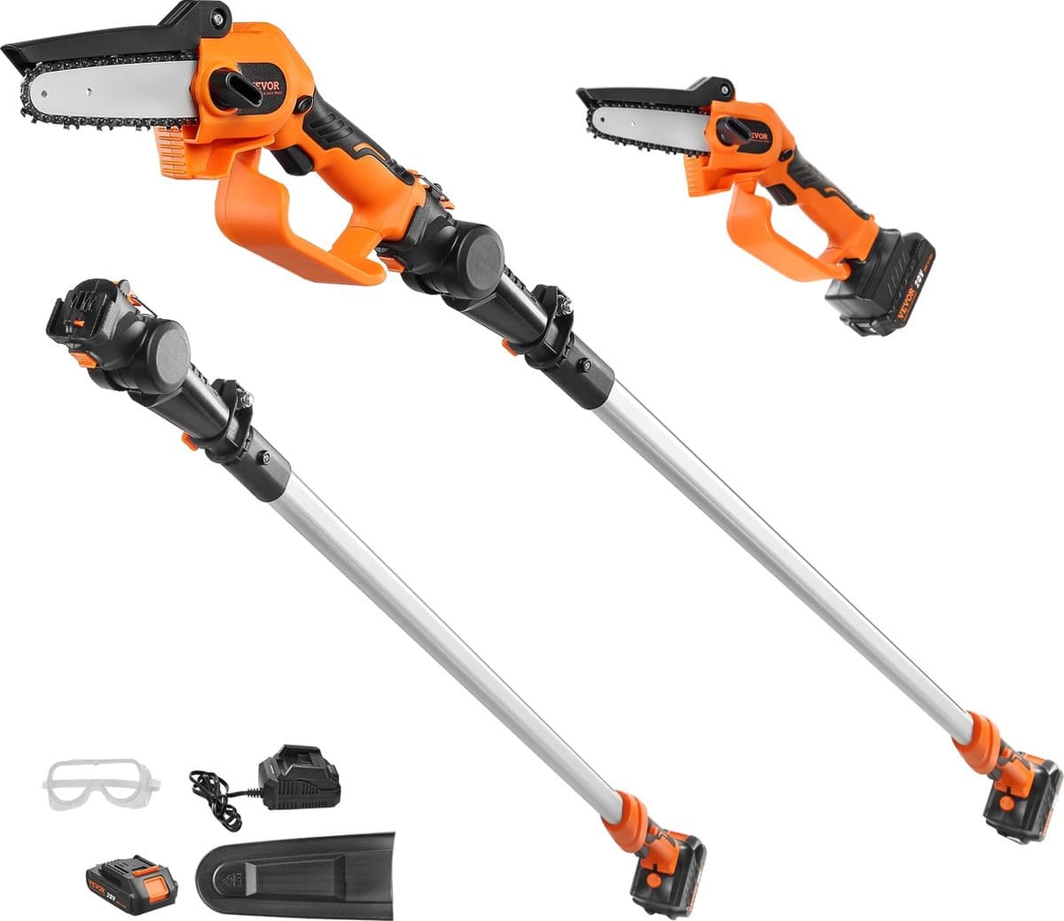VEVOR Mini-Kettingzaag met Accu 20V 2Ah Borstelloze Motor 2 in 1 Accu-Snoeier 22.000 tpm Kettingzaag Elektrische, Telescopische Heggenschaar Snoeizaag met Telescoopsteel Verlenglengte tot 2.43 m