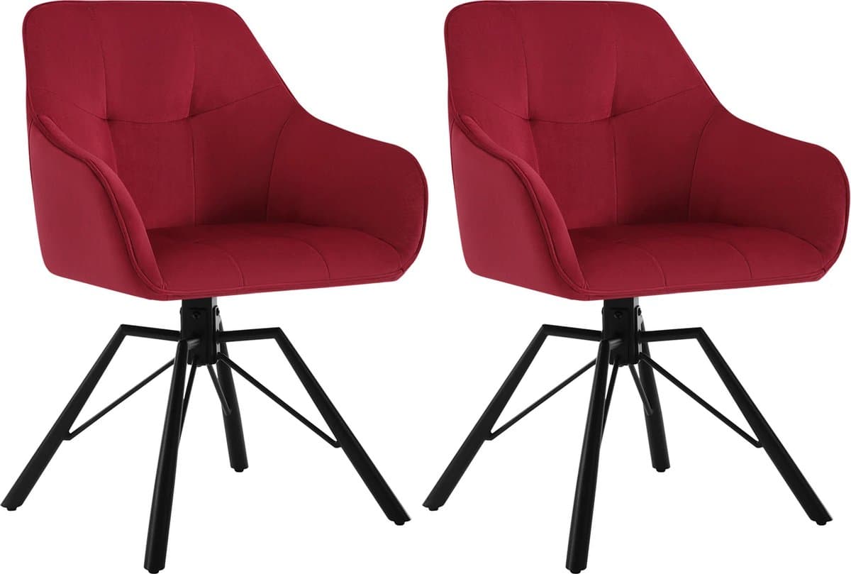 KTN® - Eetkamerstoelen set van 2 - 360 Graden Draaibare Zitting - Rugleuning - Armleuning - Fauteuil - Woonkamerstoelen - Kuipstoelen - Velvet - Fluwelen Stof - Gewatteerde Zitting - Metalen Poten - Bordo