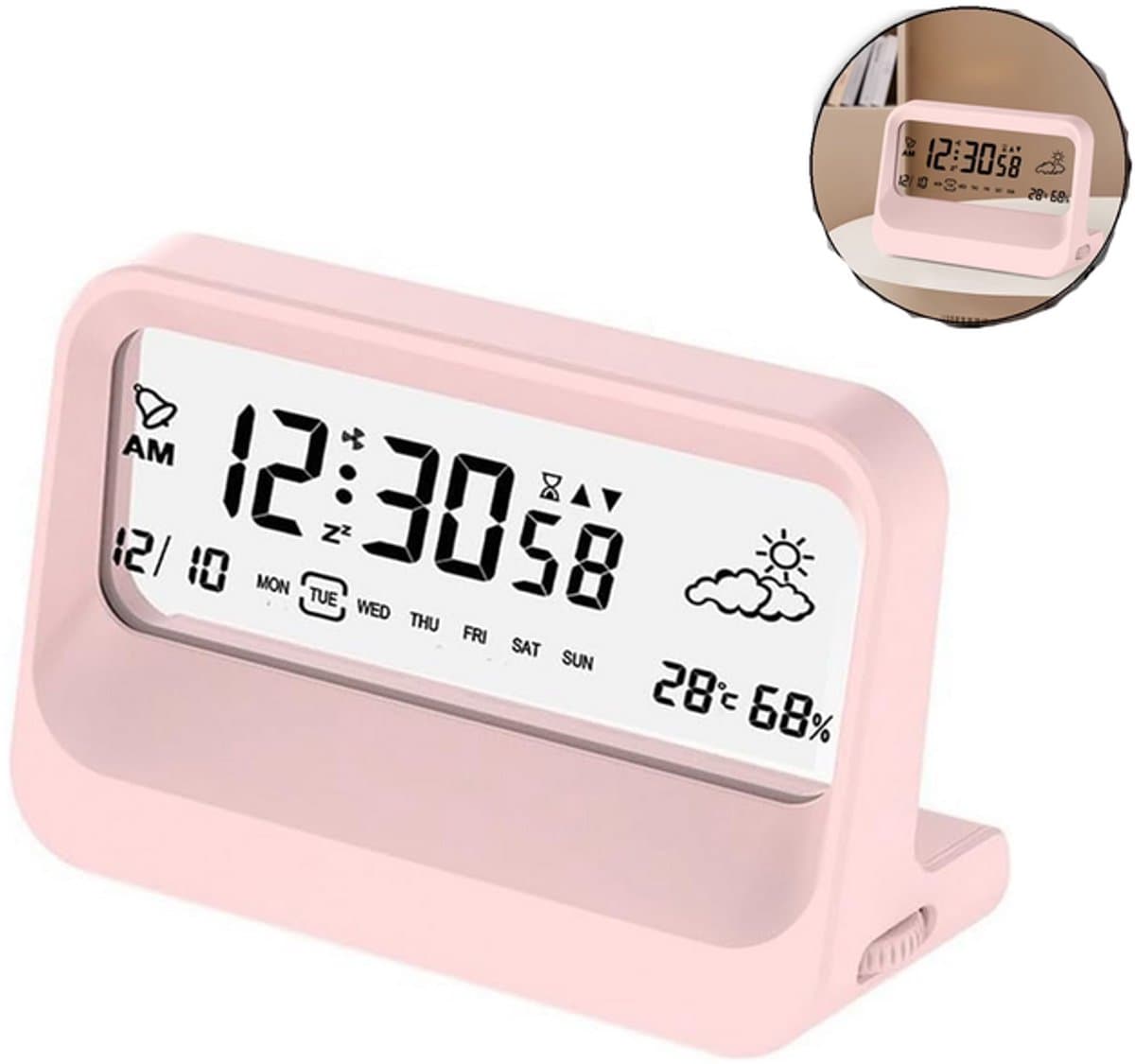 KZQ Digitale Wekker met Tijd Datum Temperatuur Slaapfunctie Nachtlampje 12/24 uur Batterij Bediening Slaapkamer Kantoor Reis Roze