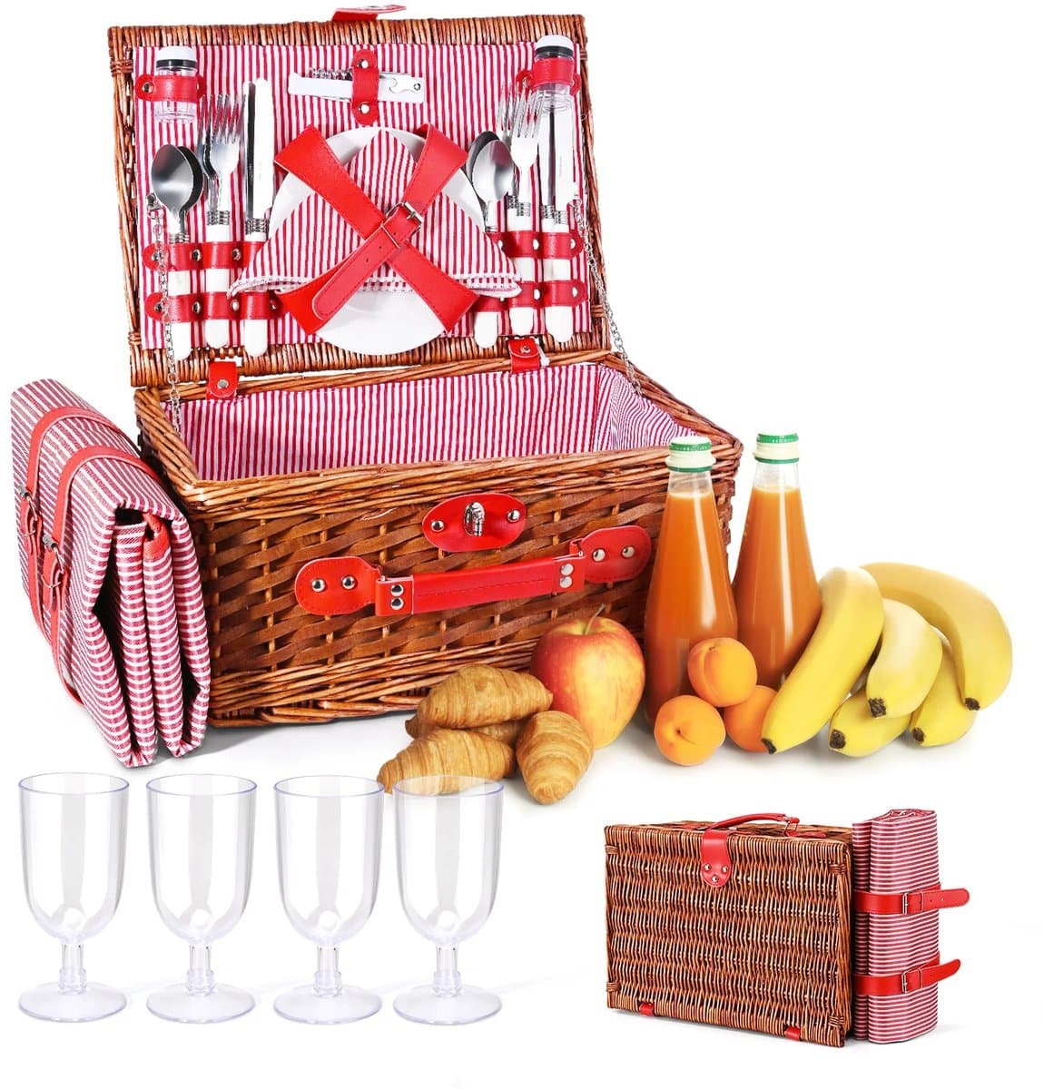 Archi Picknickmand voor 4 Personen – Rieten Picknickset met Picknickkleed, Borden, Wijnglazen en Bestek - Complete Picknickmand Riet