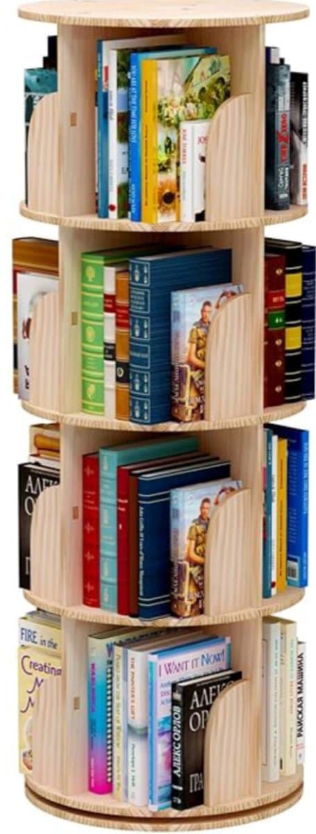Boekenkast 360° Roterend 4-Laags – Staand Opbergrek van Massief Hout, Ruimtebesparende Draaibare Boekenplank voor Woonkamer, Slaapkamer & Kantoor – Bella