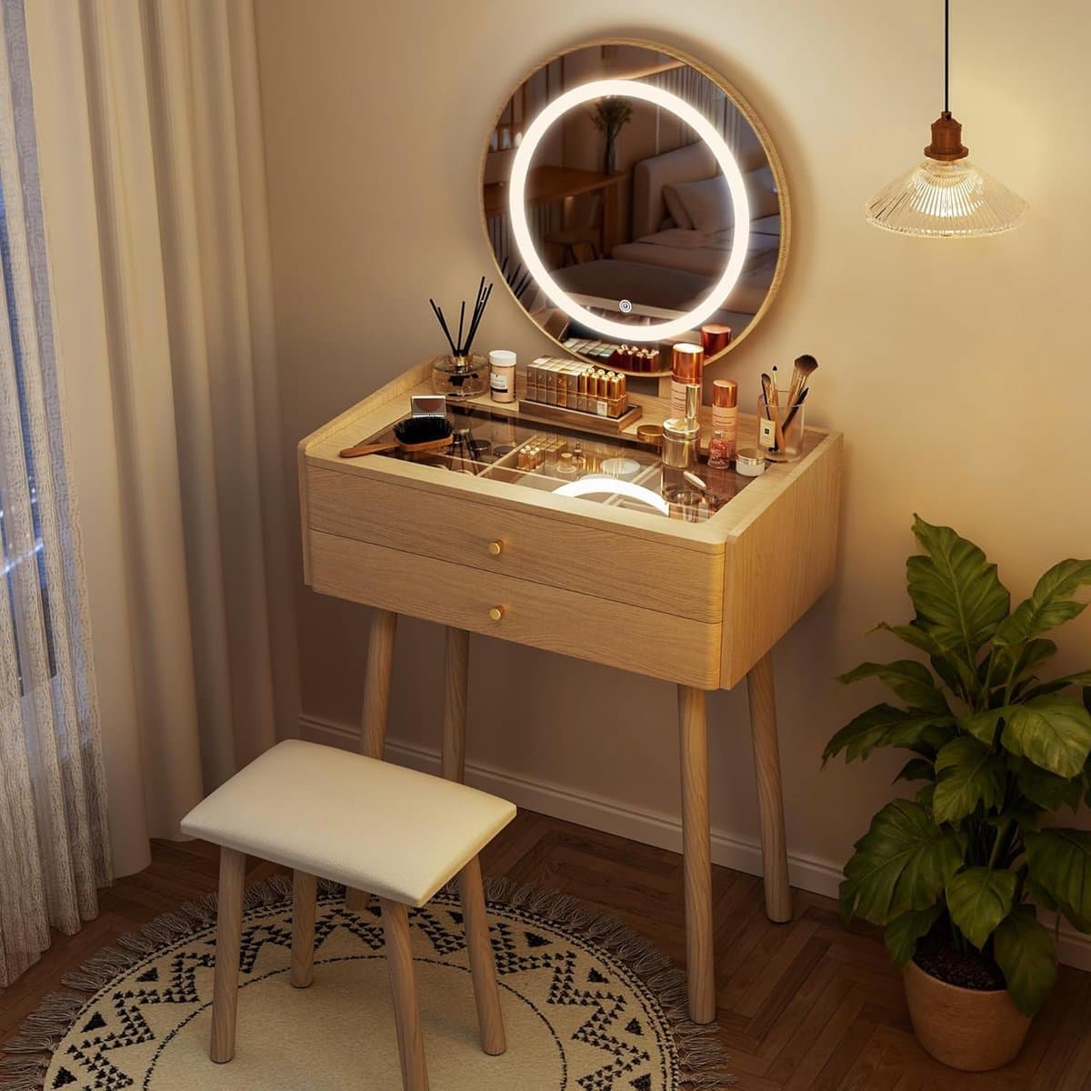 Kaptafel met LED spiegel en kruk 134x40x74 cm – make-up tafel met glasplaat en 2 lades – moderne dressing table met verstelbare verlichting in naturel houtlook – Urbanhome