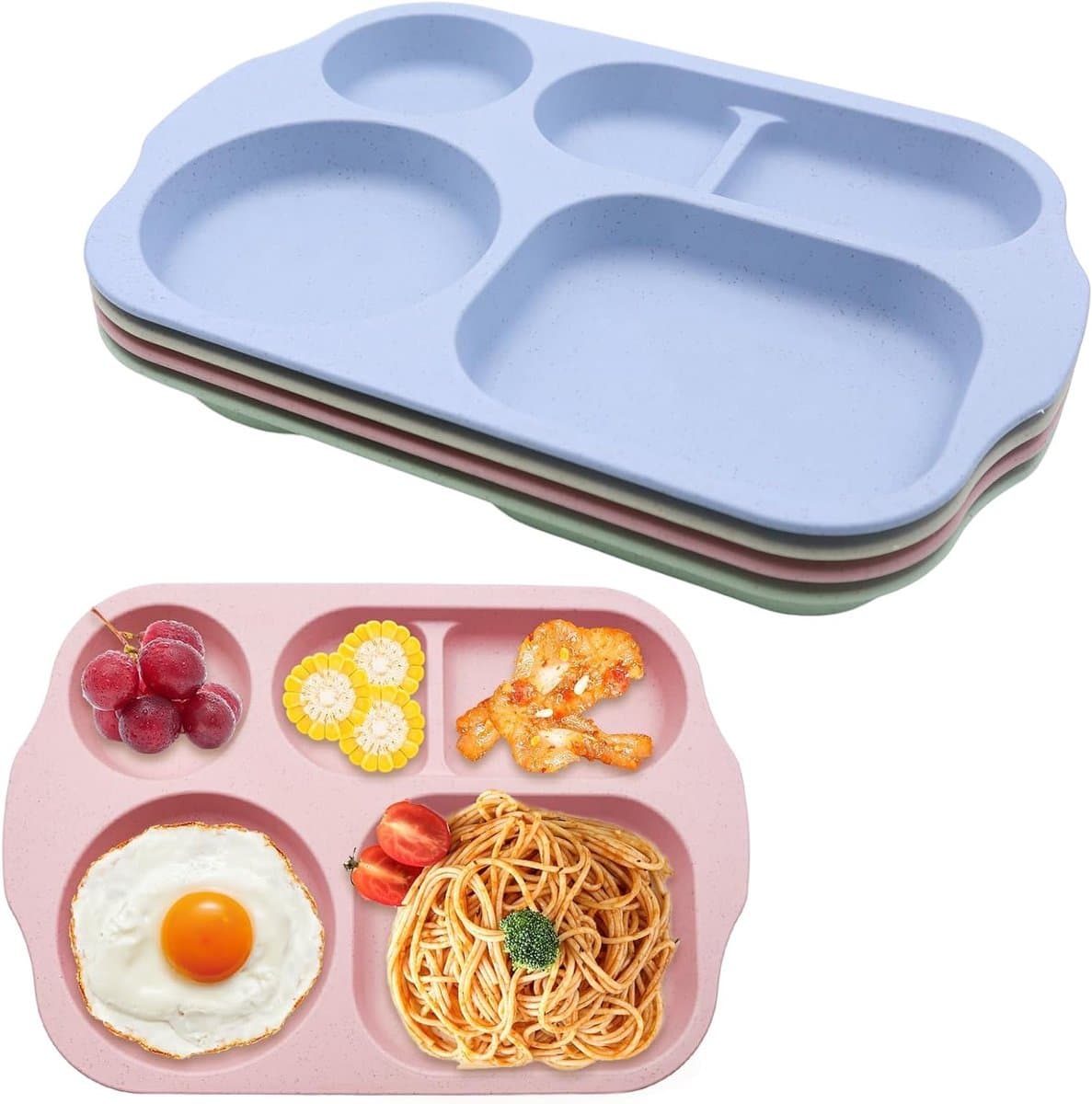Set van 4 Herbruikbare Plastic Delenborden met 5 Compartimenten, Vaatwasser- en Magnetronbestendig, Ideaal voor Volwassenen en Gezinnen (30 x 20 cm)