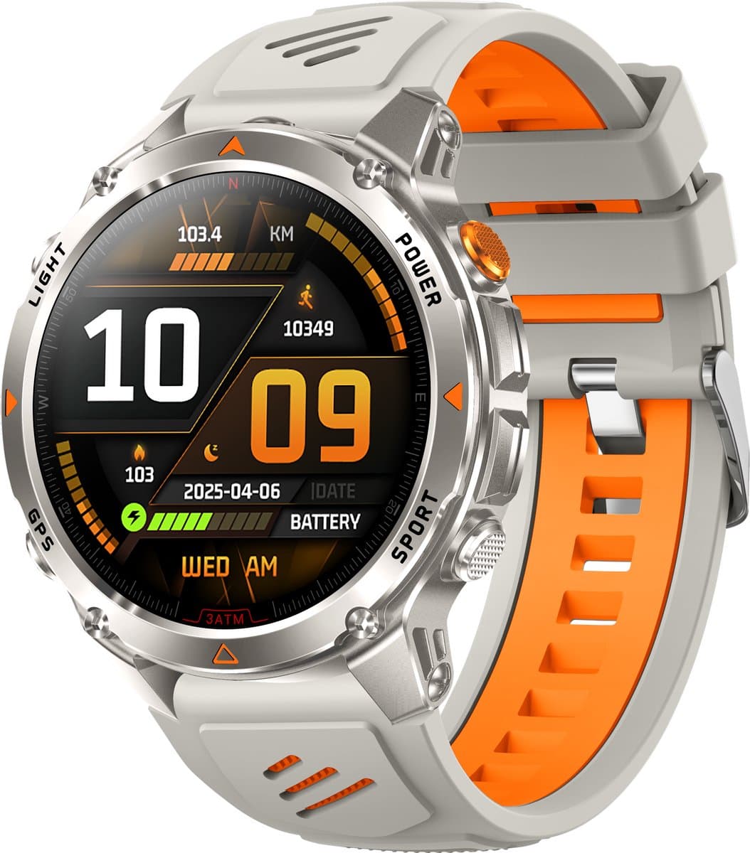 Knobbout 1.46”(3.7cm) GPS Outdoor Smartwatch – 6 Satelliet Positionering - Kompas & Hoogtemeter -LED-zaklamp - Hartslag & SpO₂, 30 m Waterdicht - 540mAh Batterij, Bluetooth 5.3- Oranje
