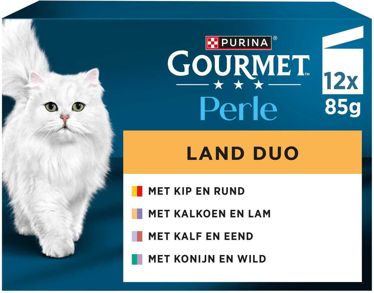Gourmet Perle Duo – Kattenvoer Natvoer – Kip & Rund / Kalkoen & Lam / Kalf & Eend / Konijn & Wild – 48 x 85 g