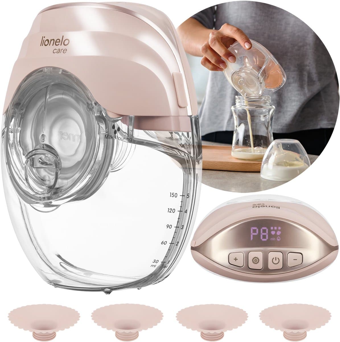 Lionelo Fidi Free Slim Hands-Free Borstkolf – Draadloos & Zeer Stil (≤40 dB) – Driefasig Systeem met 8 Niveaus – Licht & Slank 214 g – 150 ml Tritan Reservoir – 4 Borstschilden (17–24 mm)